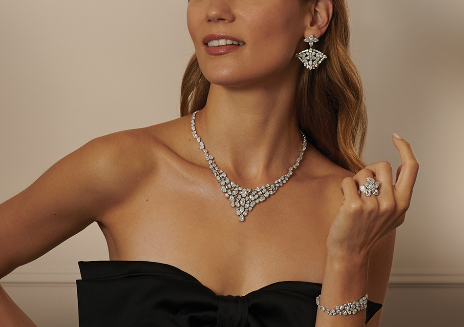 Model wearing diamond mosaic jewellery collection