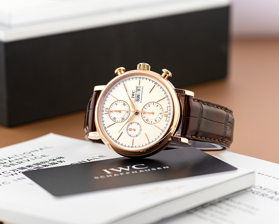 IWC Schaffhausen chronograph watch with brown leather strap
