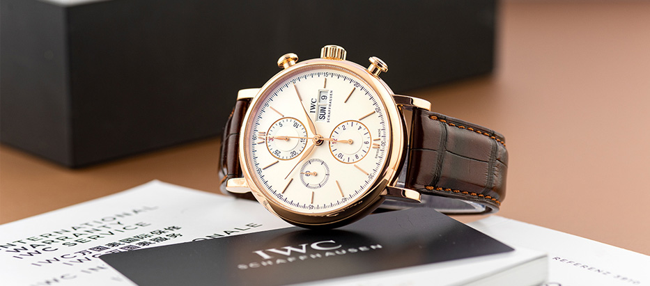 IWC Schaffhausen chronograph watch with brown leather strap