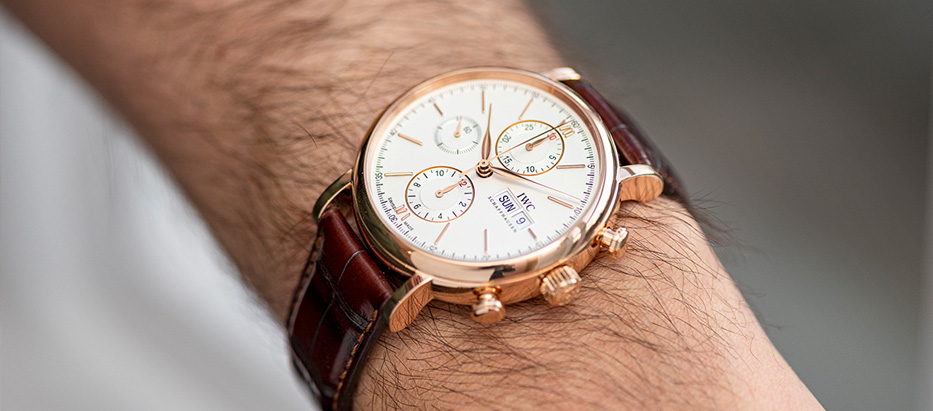 IWC Schaffhausen chronograph watch with brown leather strap on wrist