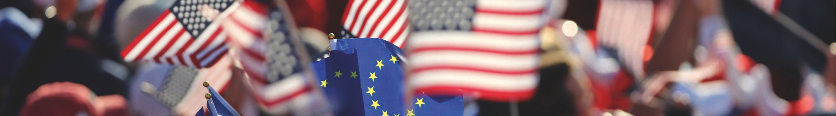 Close up of USA and EU flags being waved in crowd