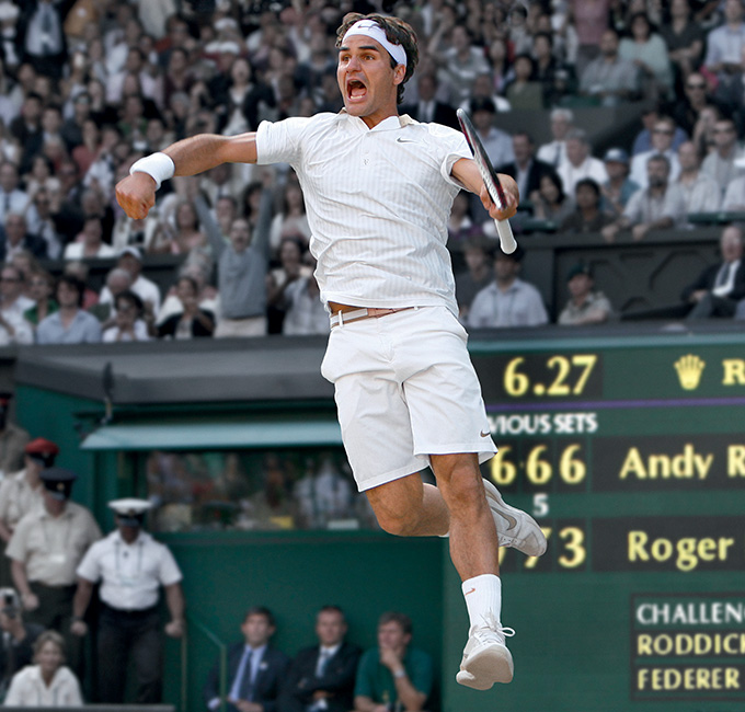 Roger Federer at Wimbledon, Rolex logo in background