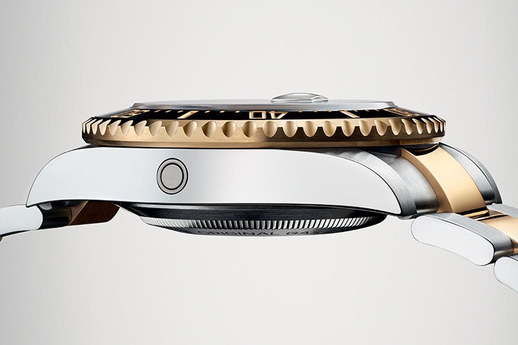 Side profile of Rolex silver and gold watch