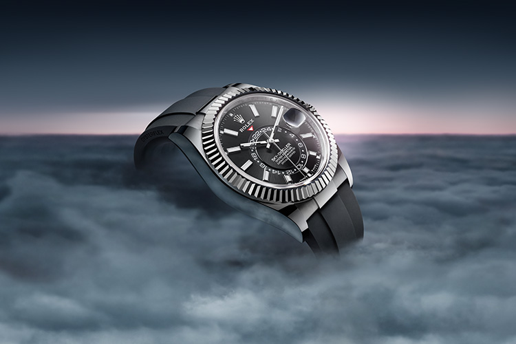 Rolex Sky Dweller watch with clouds in background