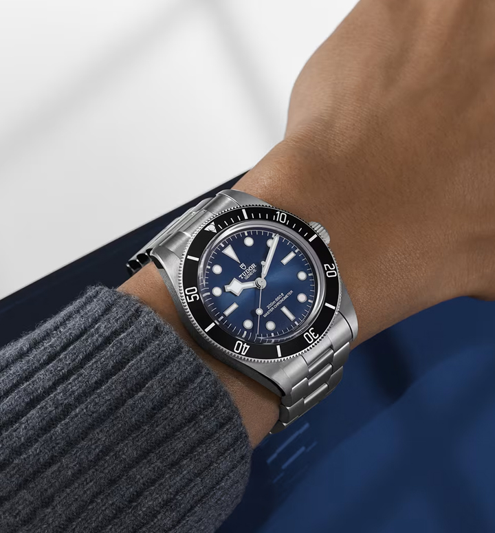 Tudor Black Bay watch with black strap