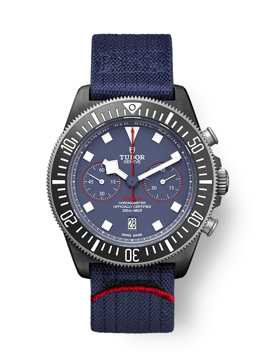 TUDOR Pelagos FXD Chrono 43mm black carbon composite case with matte finish and Alinghi Red Bull Racing logo engraved on the case back - M25807KN-0001 at Prestons