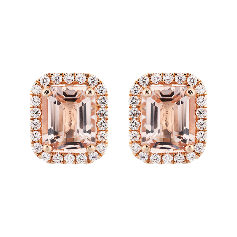 Octagon Cut Morganite Halo Stud Earrings