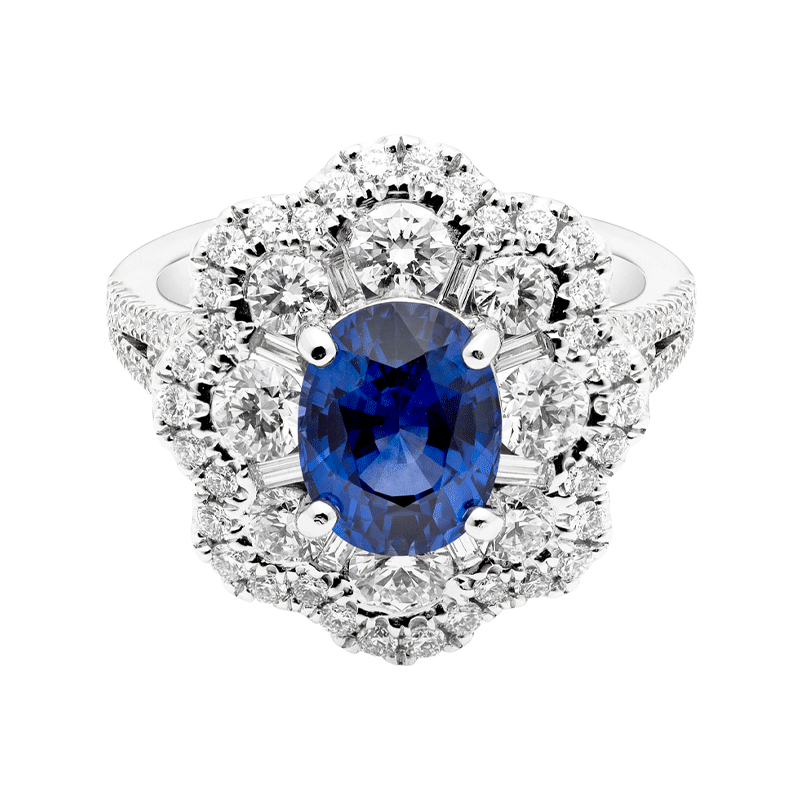 Oval Cut Blue Sapphire with a Floral Inspired Halo