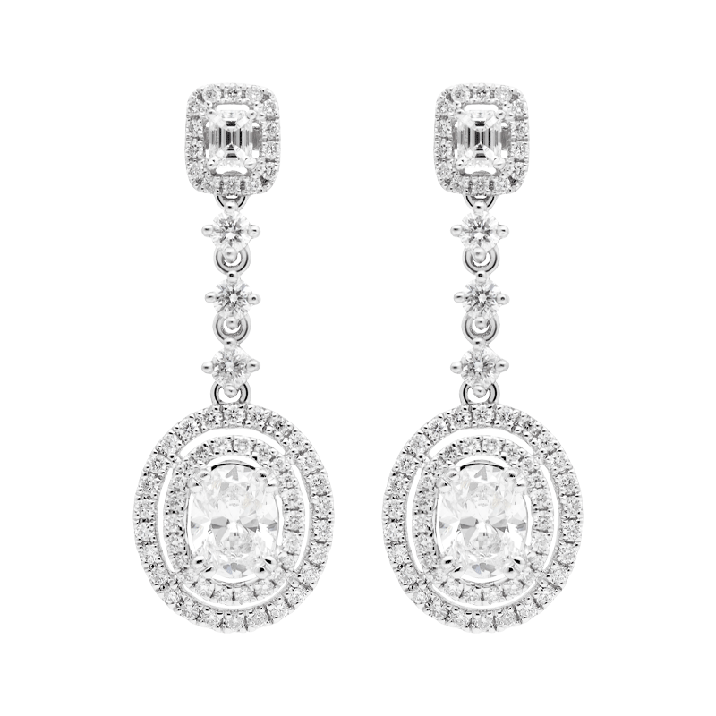 Double Halo Oval Shaped Drop Earrings