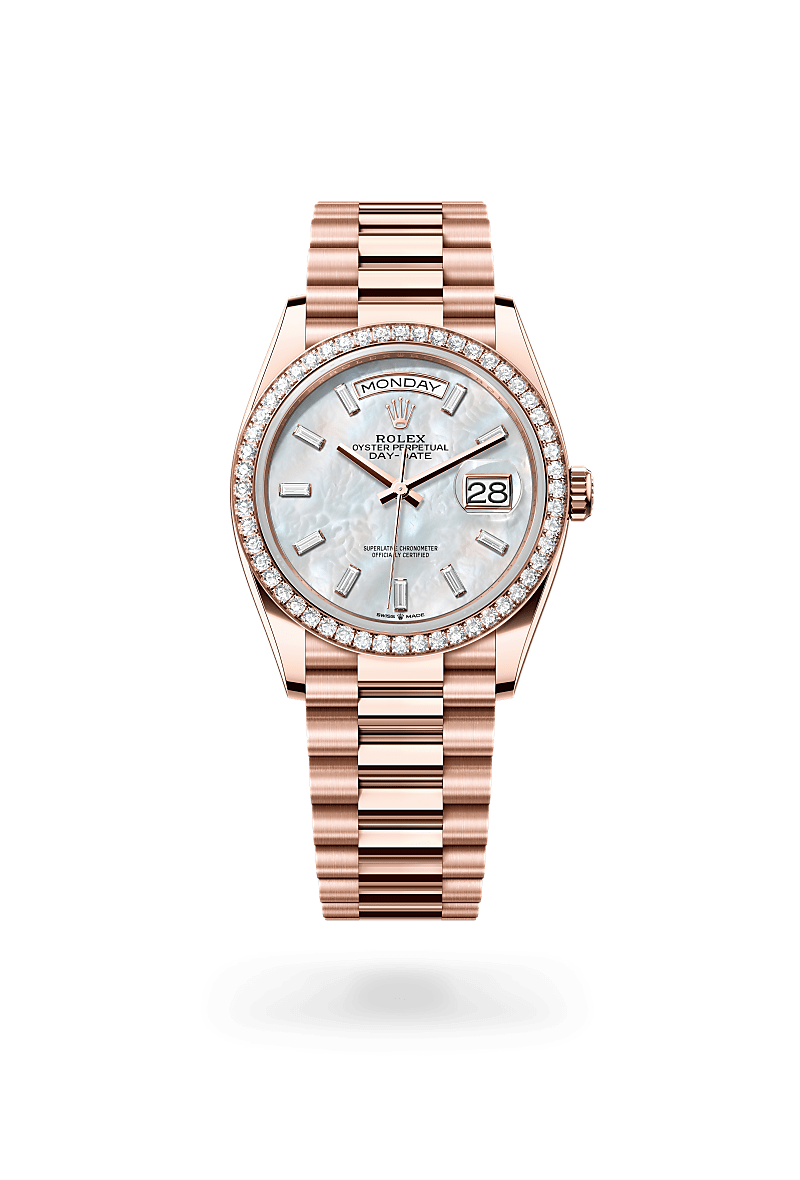 Rolex Day-Date 36 in 18 ct Everose gold, M128345RBR-0077 at Prestons