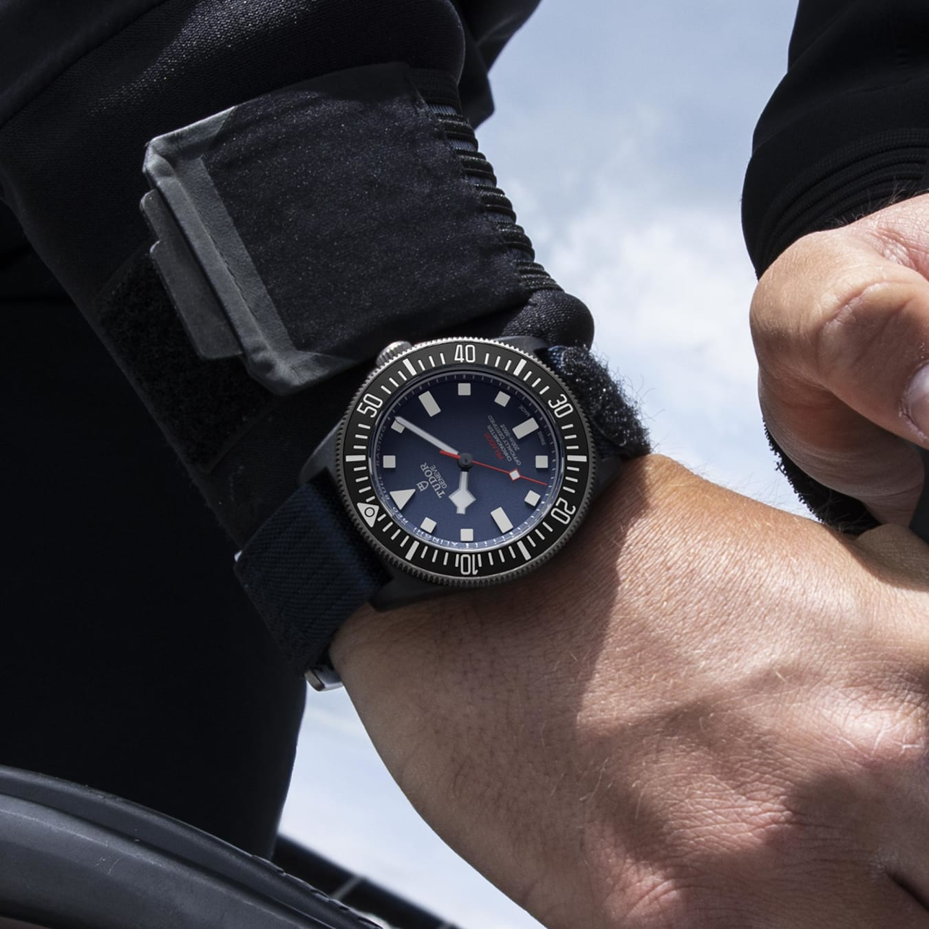 TUDOR Pelagos FXD 42mm black carbon composite case with matte finish and Alinghi Red Bull Racing logo engraved on the case back - M25707KN-0001 at Prestons