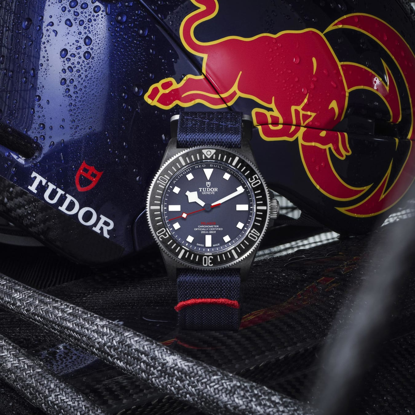 TUDOR Pelagos FXD 42mm black carbon composite case with matte finish and Alinghi Red Bull Racing logo engraved on the case back - M25707KN-0001 at Prestons