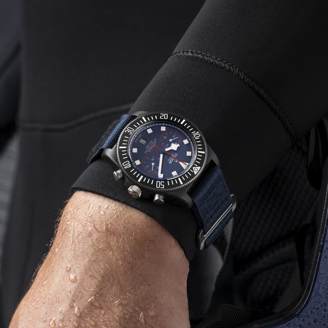 TUDOR Pelagos FXD Chrono 43mm black carbon composite case with matte finish and Alinghi Red Bull Racing logo engraved on the case back - M25807KN-0001 at Prestons